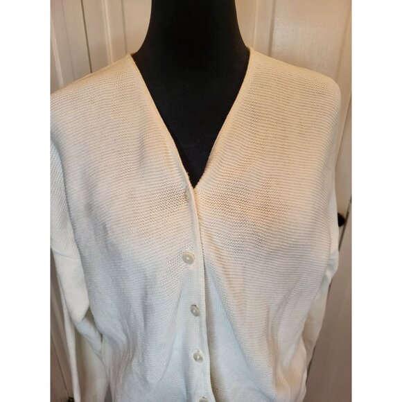 Vintage 90s White Cotton Cardigan Classic Blues L Minimalist Cottage Fairy Retro - Picture 6 of 11